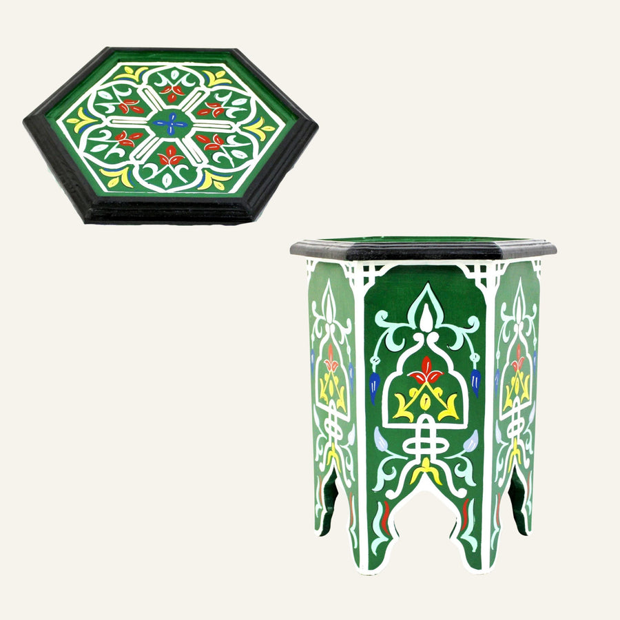 Hand-Painted Moroccan Side Table: Green Round Wood Accent Table