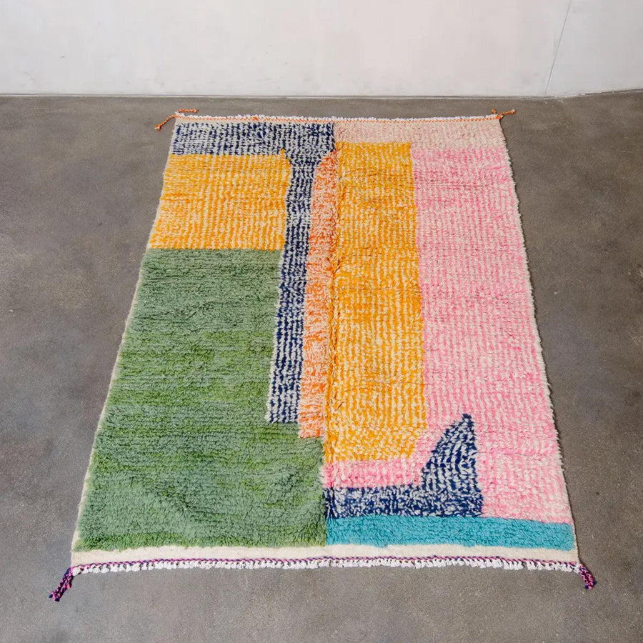 Handmade Boujad Berber Rug: Pink & Green Moroccan Wool Rug (10x14 ft.)