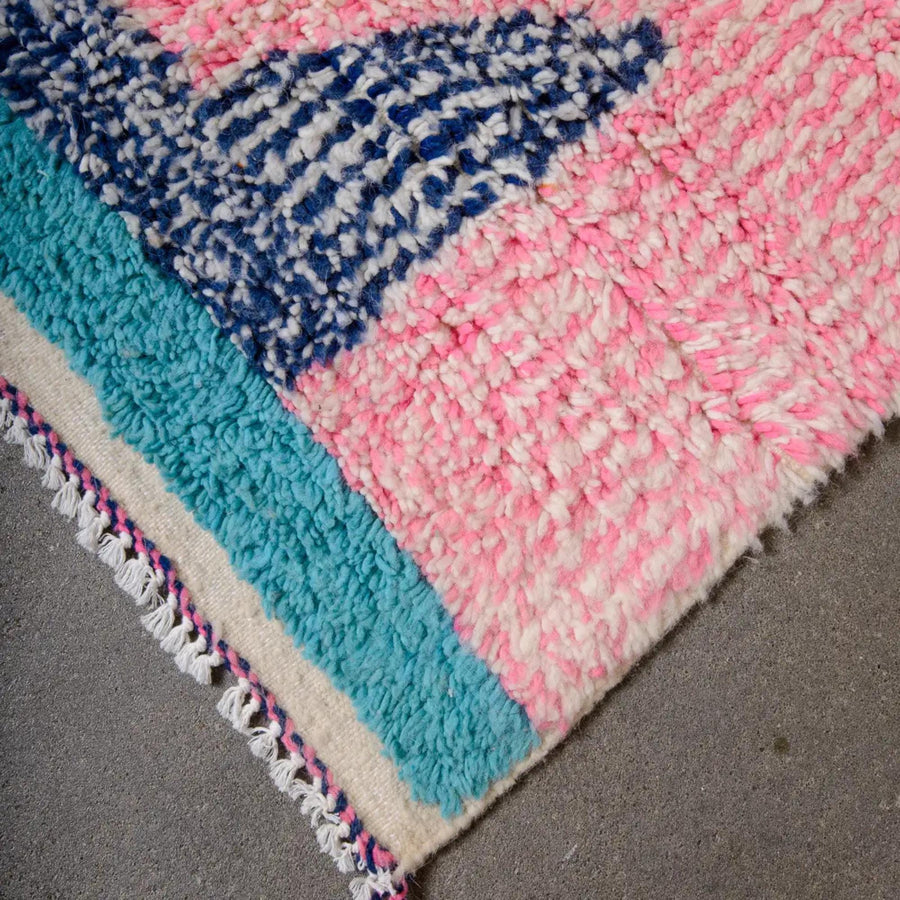 Handmade Boujad Berber Rug: Pink & Green Moroccan Wool Rug (10x14 ft.)