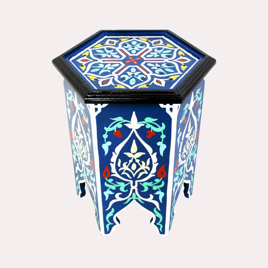 Handpainted Moroccan Coffee Table: Blue Round Wooden Accent Table
