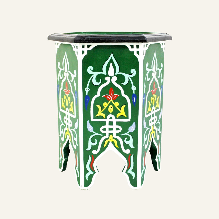Hand-Painted Moroccan Side Table: Green Round Wood Accent Table