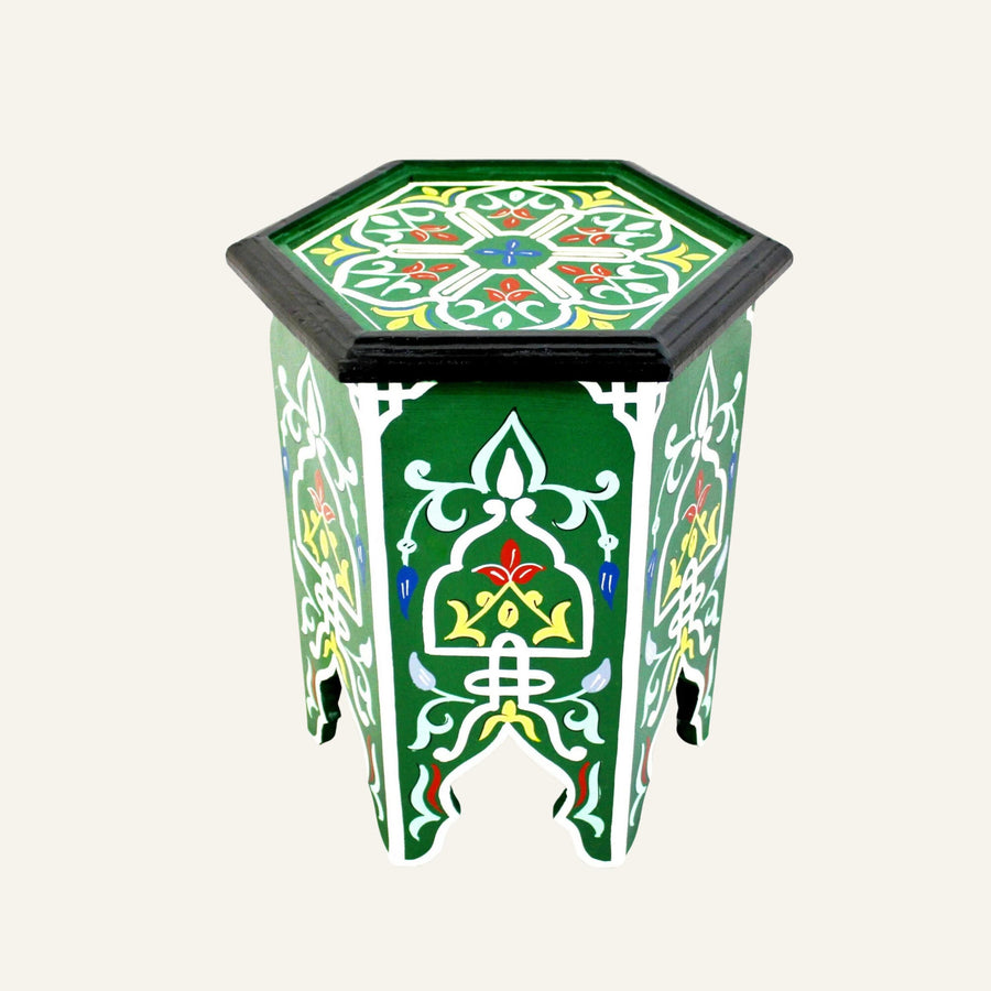 Hand-Painted Moroccan Side Table: Green Round Wood Accent Table