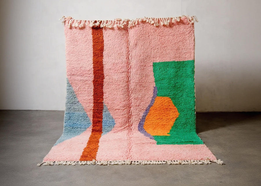 Handmade Pink & Green Beni Ourain Rug, Moroccan Wool rug
