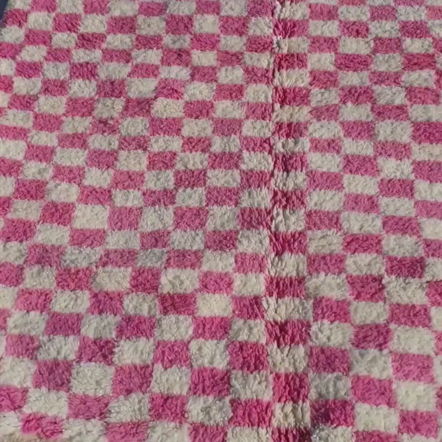 Pink Checkered Moroccan Rug: Hand-Knotted Wool Shaggy Area Rug